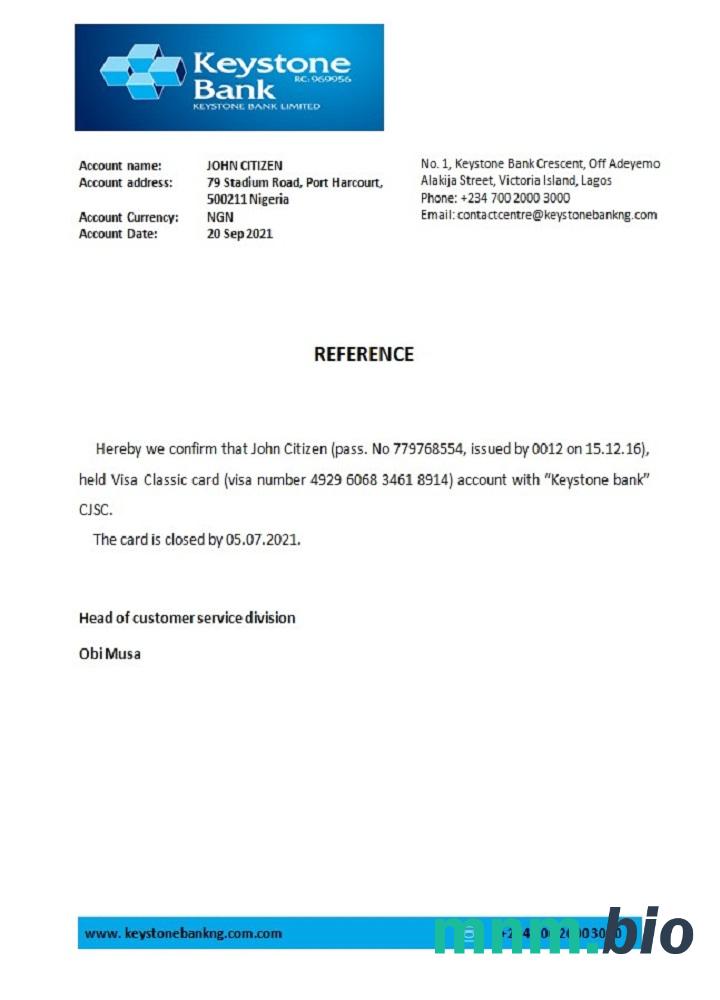 Nigeria Keystone Bank closure reference example w formatach Word i PDF